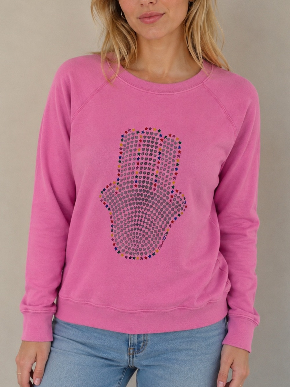 Lauren Moshi Pink Crewneck Sweatshirt with Embellished Hamsa